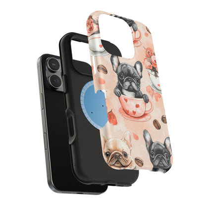 French Bulldogs in Heart Teacups MagSafe iPhone Case – Cute Dog & Floral Design, Shockproof Protection