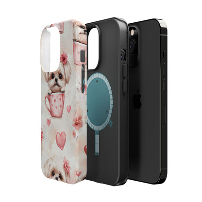 Floral Puppy in Teacup MagSafe iPhone Case – Cute Pink Flower Design, Tough Dual-Layer Protection