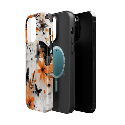 Orange Blossom & Black Butterfly MagSafe iPhone Case – Bold Floral Pattern with Modern Abstract Style