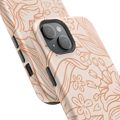 Soft Terracotta Floral Line Art Tough MagSafe iPhone Case – Minimalist Botanical Design with Dual-Layer Protection