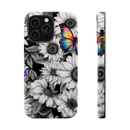 Rainbow Butterflies & Monochrome Sunflowers – MagSafe iPhone Case