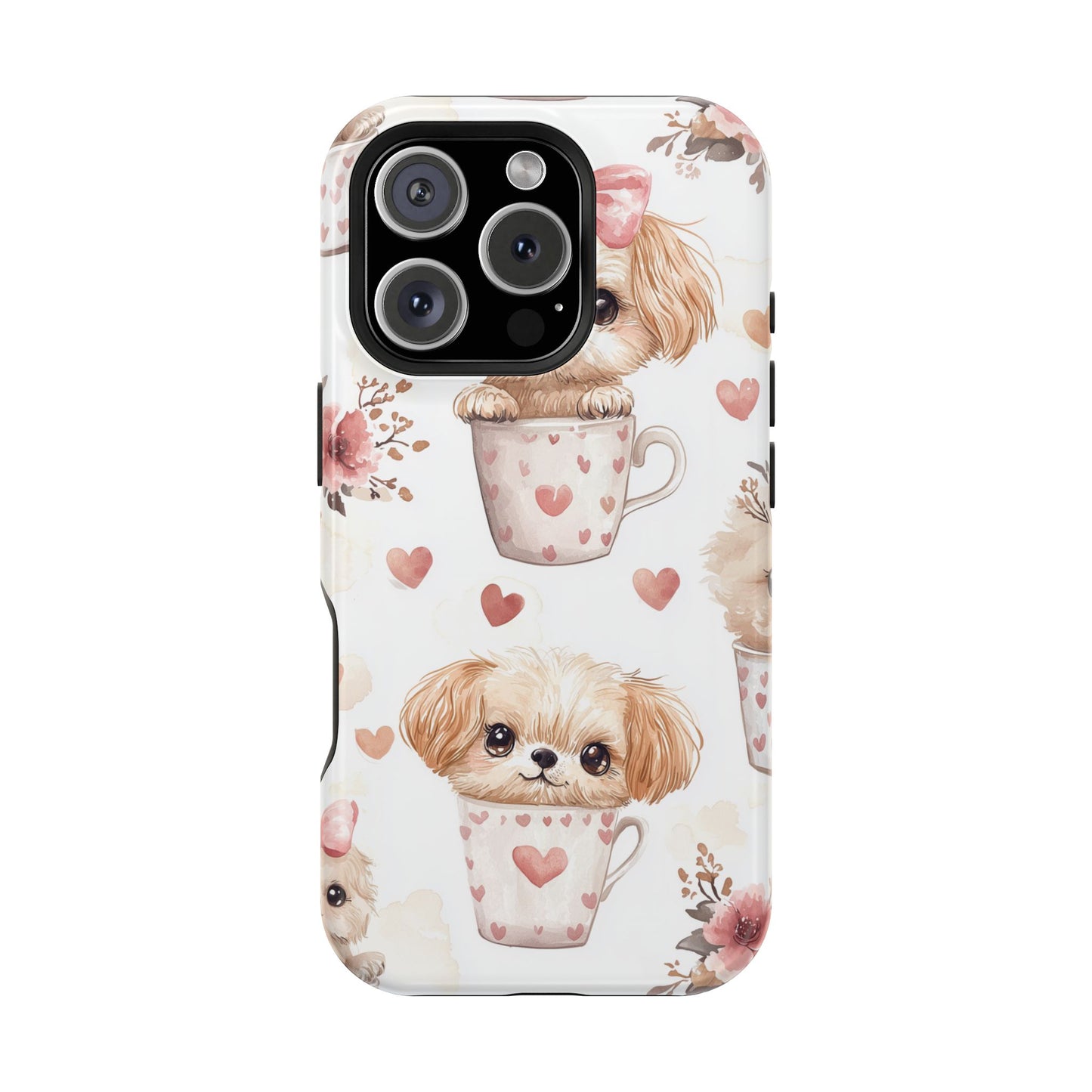 Cute Puppies in Heart MagSafe iPhone Case – Adorable Dog & Floral Design, Shockproof & Slim