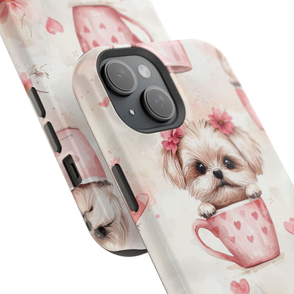 Floral Puppy in Teacup MagSafe iPhone Case – Cute Pink Flower Design, Tough Dual-Layer Protection