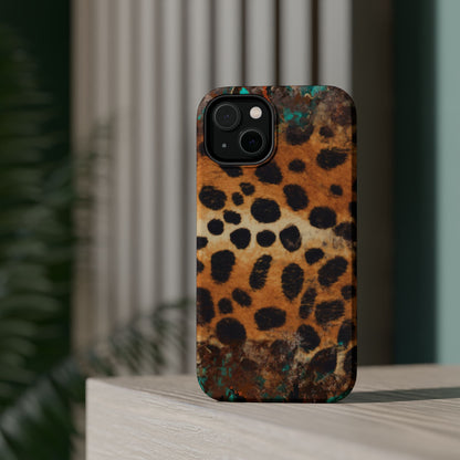 Rustic Leopard Print Tough MagSafe iPhone Case – Distressed Turquoise and Animal Pattern with Dual-Layer Protection