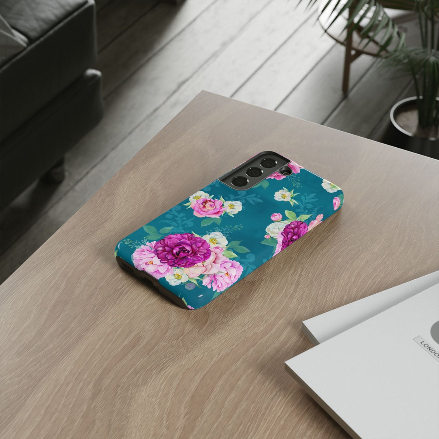 Elegant Peony Bouquet Samsung Galaxy Case – Deep Teal Background with Romantic Floral Design