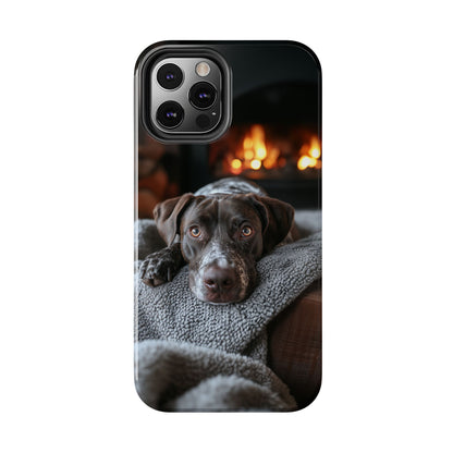 Cozy German Shorthaired Pointer iPhone Case – Rustic Fireplace Protective Cover