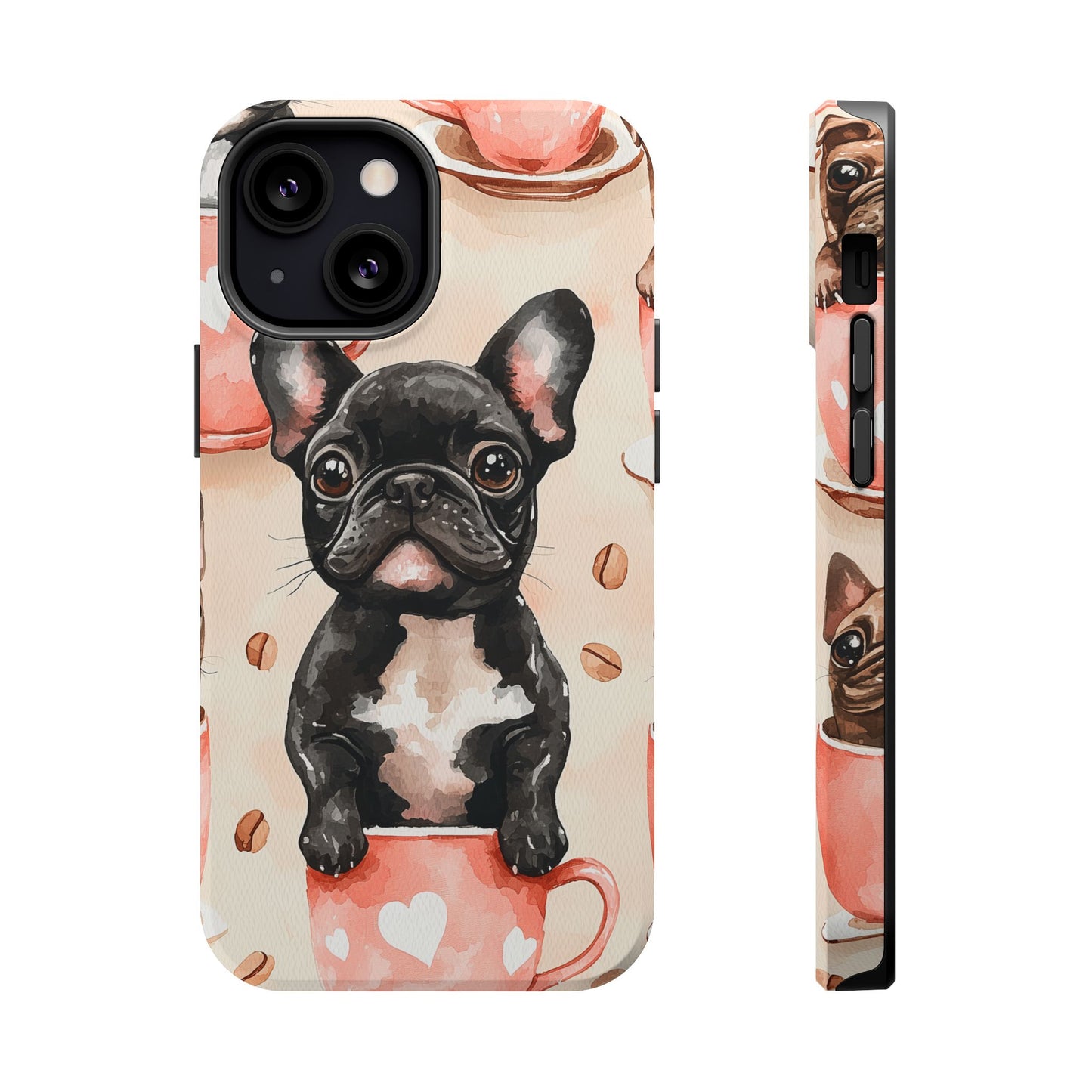 French Bulldogs in Coffee Cup MagSafe iPhone Case – Cute Dog Art, Shockproof & Slim Design