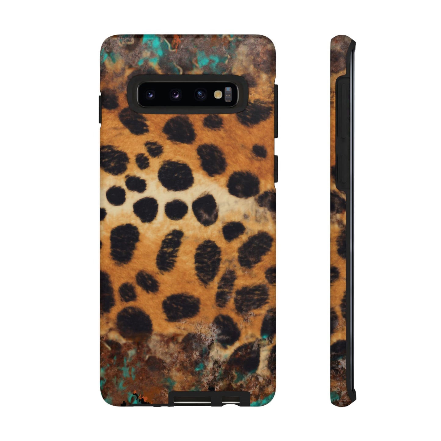 Rustic Leopard Print Tough Samsung Galaxy Case – Distressed Turquoise and Animal Pattern with Dual-Layer Protection