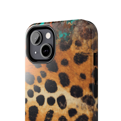 Rustic Leopard Print Tough iPhone Case – Distressed Turquoise and Animal Pattern with Dual-Layer Protection