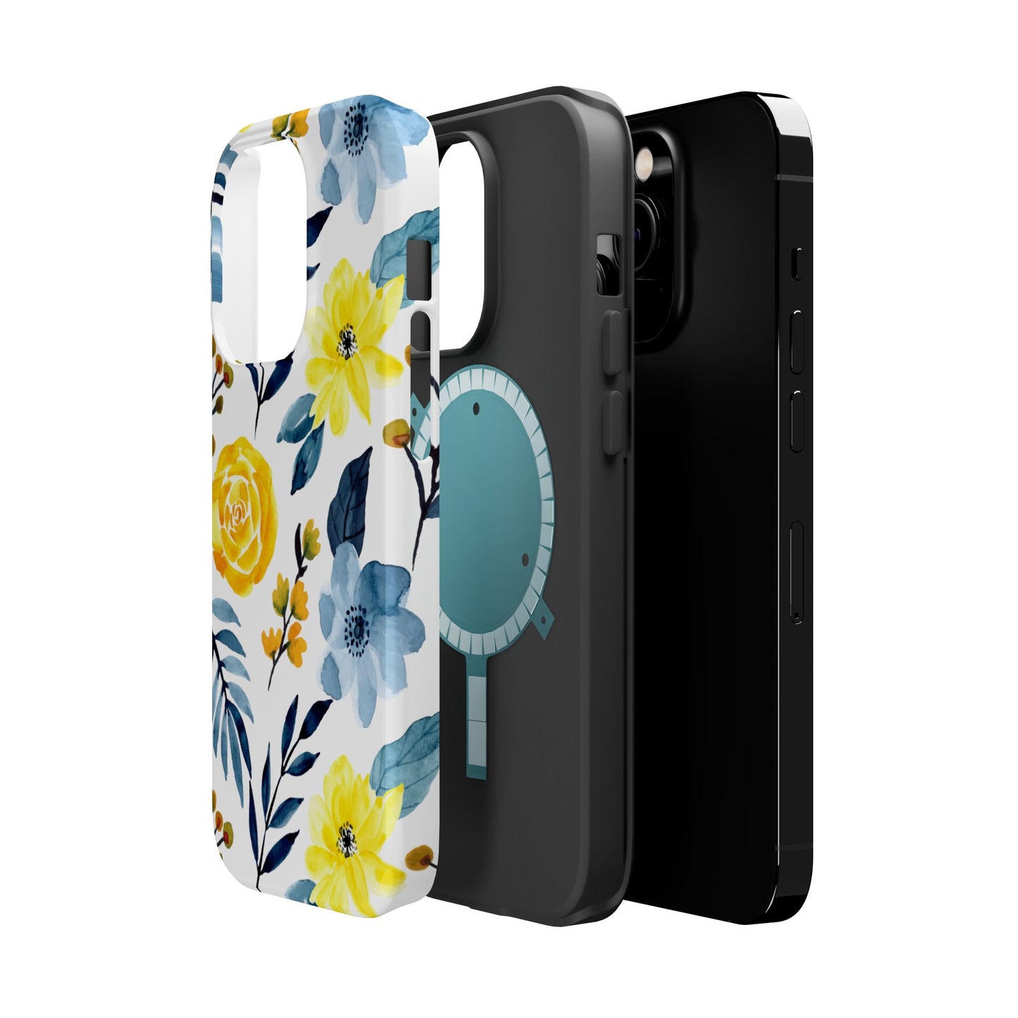 Golden Yellow & Sky Blue Floral – Watercolor Botanical MagSafe iPhone Case