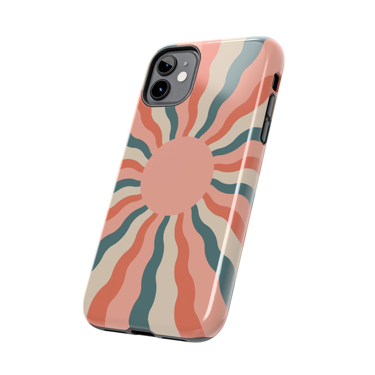 Retro Sunburst iPhone Case – Bold 70s-Inspired Waves in Coral, Teal, and Cream