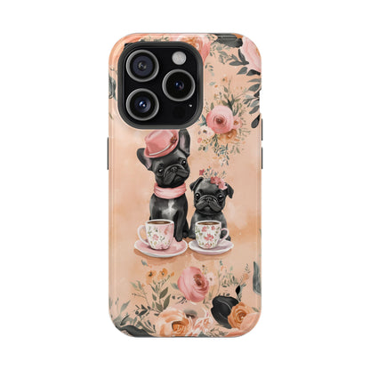 Floral French Bulldogs MagSafe iPhone Case – Elegant Dog Design with Tea Cups & Roses, Shockproof Protection