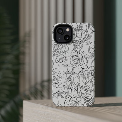 Monochrome Rose Garden Tough MagSafe iPhone Case – Elegant Floral Line Art with Dual-Layer Protection