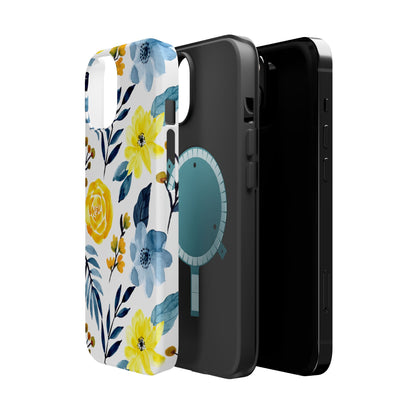 Golden Yellow & Sky Blue Floral – Watercolor Botanical MagSafe iPhone Case