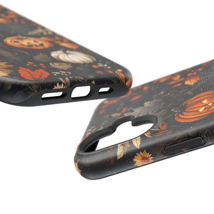 Elegant Halloween MagSafe iPhone Case – Pumpkin Jack-o'-Lanterns, Cobwebs & Autumn Foliage Design