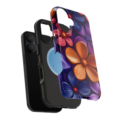 Bold Floral 3D MagSafe iPhone Case – Vivid Purple and Orange Flower Design, Shock-Resistant