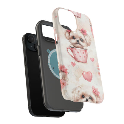 Floral Puppy in Teacup MagSafe iPhone Case – Cute Pink Flower Design, Tough Dual-Layer Protection