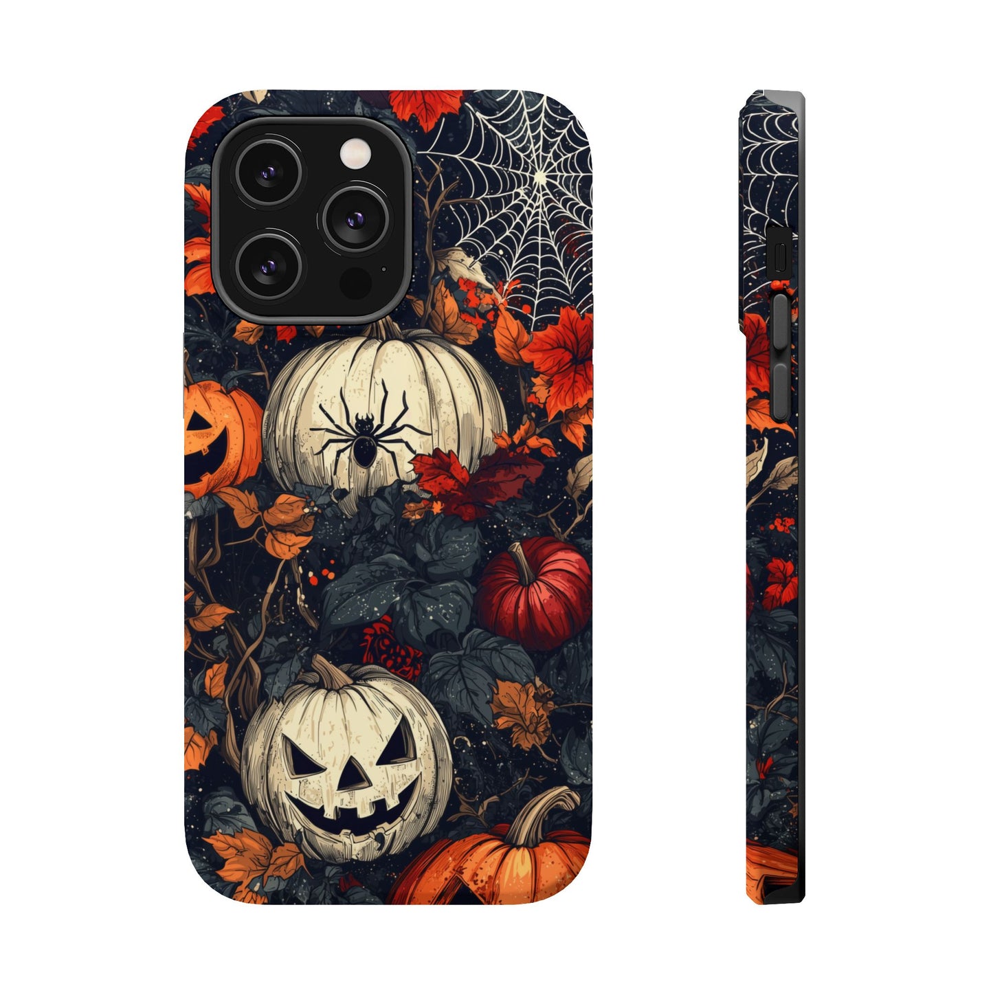 Hauntingly Elegant Halloween MagSafe iPhone Case – Pumpkins, Spiders, and Autumn Leaves Design