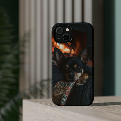 Cozy Chihuahua Fireplace MagSafe iPhone Case – Elegant and Functional Design