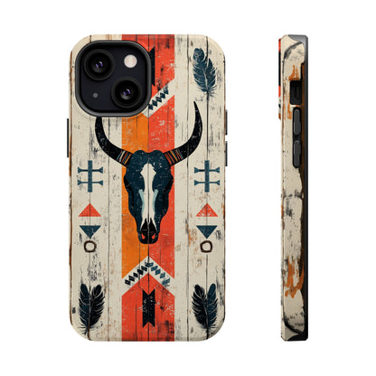 Rustic Western Bull Skull Tough MagSafe iPhone Case – Distressed Wood Design, Dual-Layer Protection