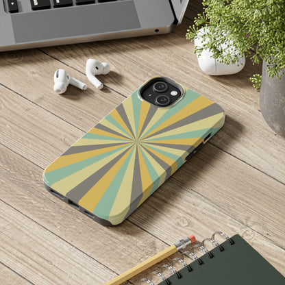 Vintage Sunburst Rays iPhone Case – Bold 70s-Inspired Burst in Yellow, Mint, and Gray