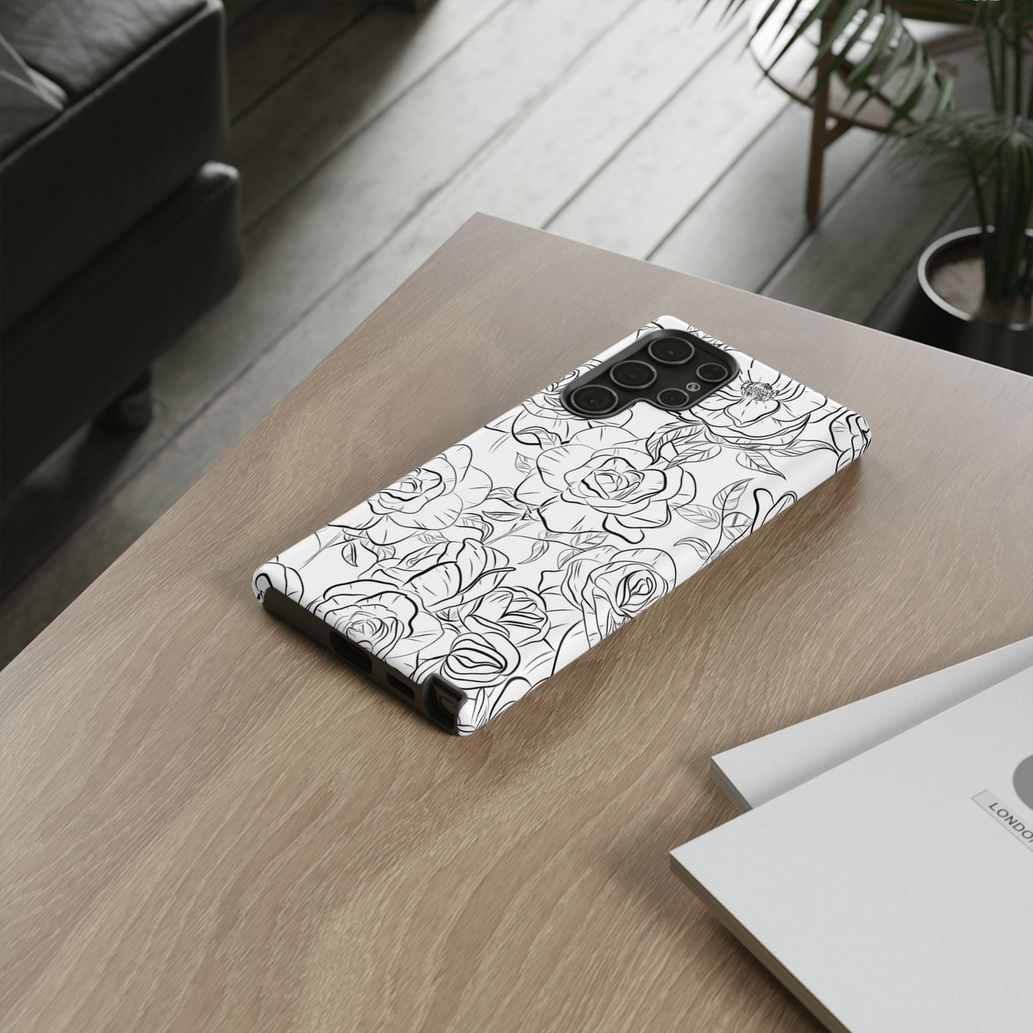 Monochrome Rose Garden Tough Samsung Galaxy Case – Elegant Floral Line Art with Dual-Layer Protection