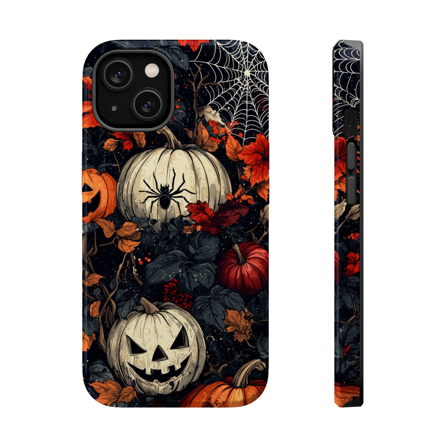 Hauntingly Elegant Halloween MagSafe iPhone Case – Pumpkins, Spiders, and Autumn Leaves Design