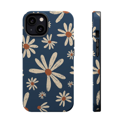 Vintage Daisies MagSafe iPhone Case – Navy Blue Floral Design, Scratch-Resistant with Shock-Absorbing Bumper