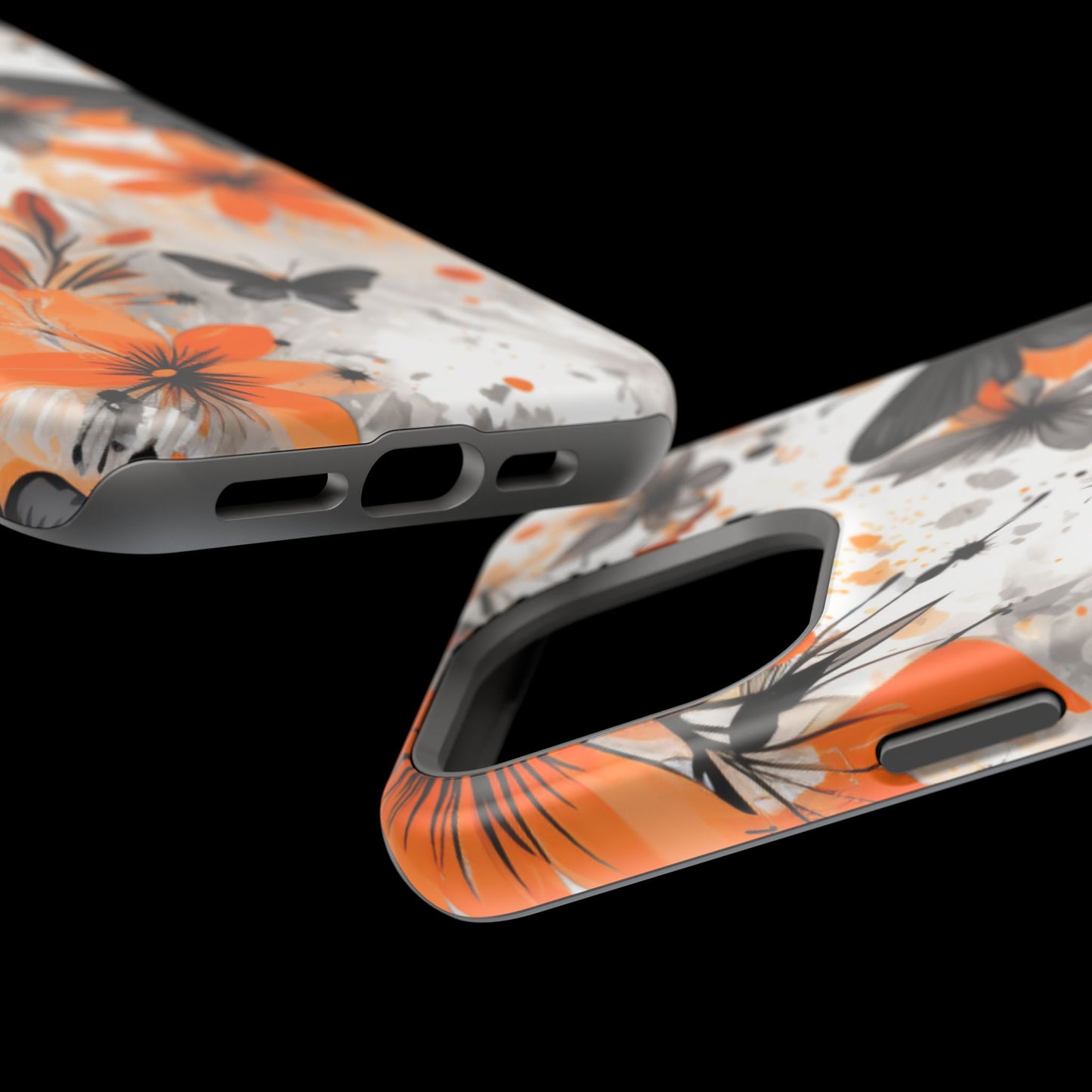 Orange Blossom & Black Butterfly MagSafe iPhone Case – Bold Floral Pattern with Modern Abstract Style