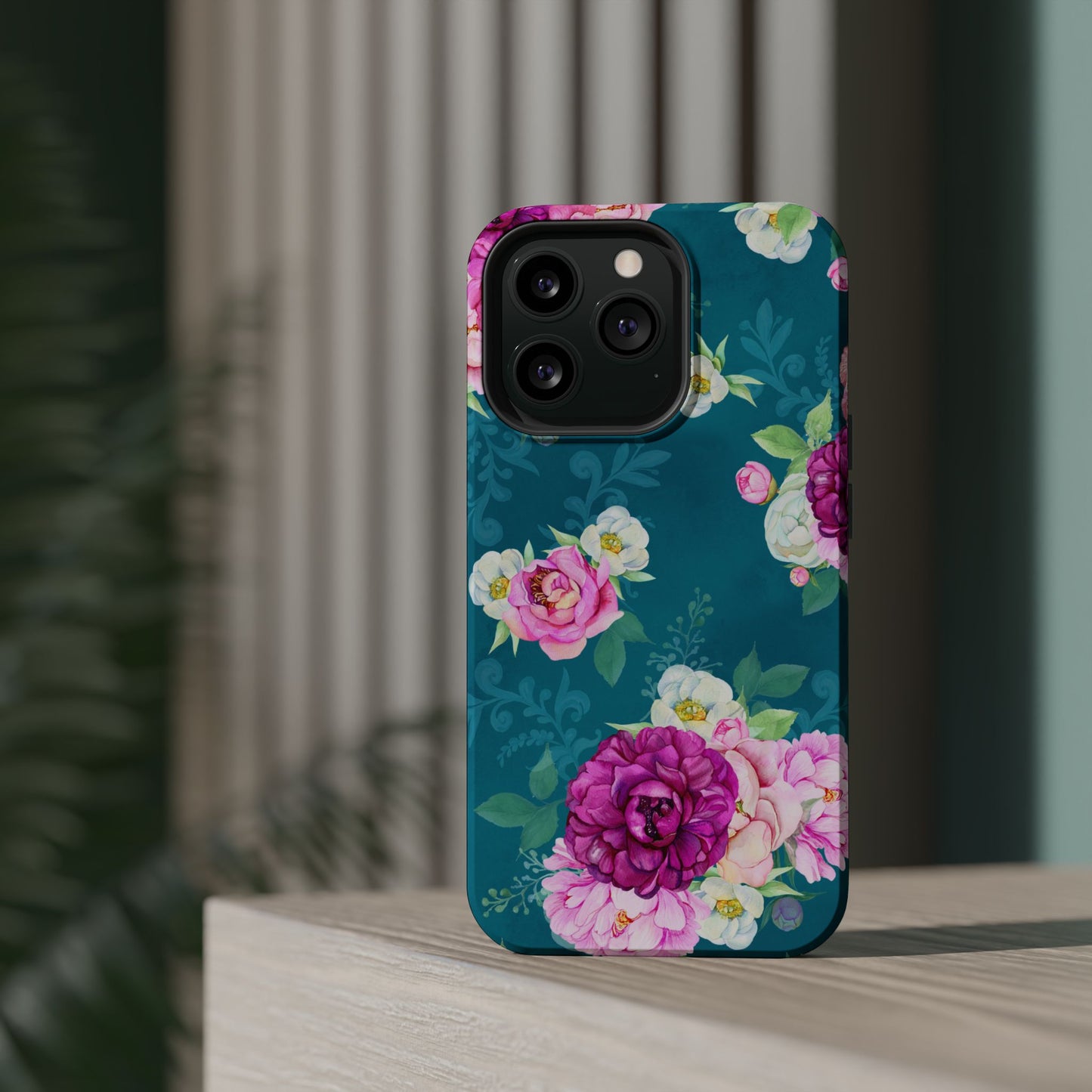 Elegant Peony Bouquet MagSafe iPhone Case – Deep Teal Background with Romantic Floral Design