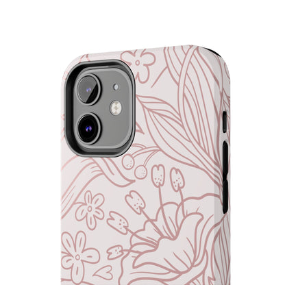 Blush Floral Line Art Tough iPhone Case – Delicate Minimalist Design with Dual-Layer Protection