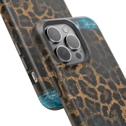 Boho Leopard and Turquoise Tough MagSafe iPhone Case – Rustic Western Design with Dual-Layer Protection