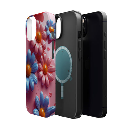 Pastel Daisy 3D MagSafe iPhone Case – Glossy Pink and Blue Floral Design, Full Protection