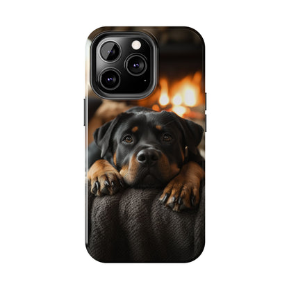 Cozy Rottweiler by the Fireplace iPhone Case – Warm Rustic Design