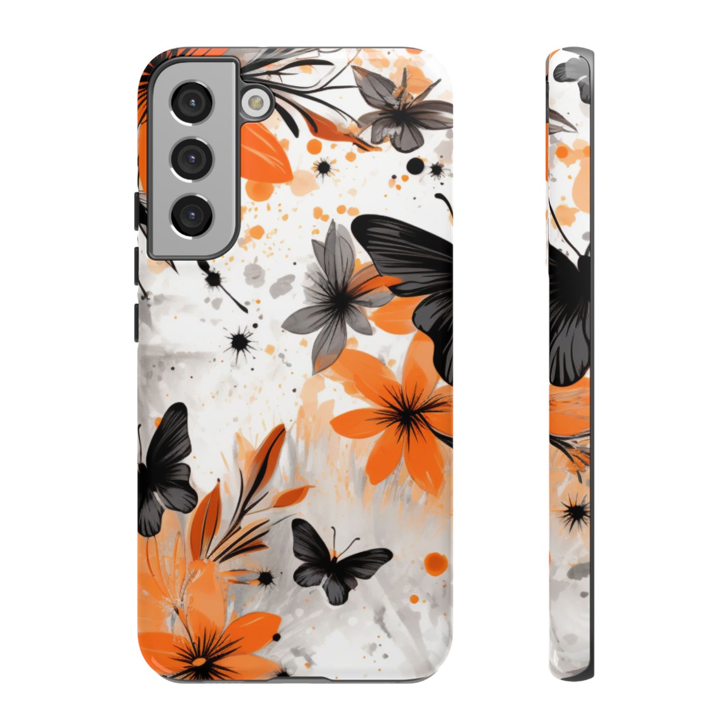 Orange Blossom & Black Butterfly Samsung Galaxy Case – Bold Floral Pattern with Modern Abstract Style