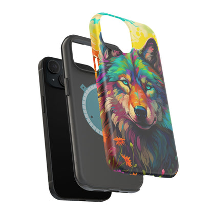 Rainbow Wolf in Bloom – MagSafe iPhone Case with Nature-Inspired Design