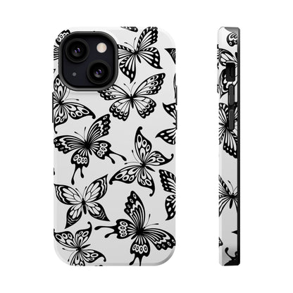 Monochrome Butterfly Pattern Tough MagSafe Case – Dual-Layer Protection with Matte Finish