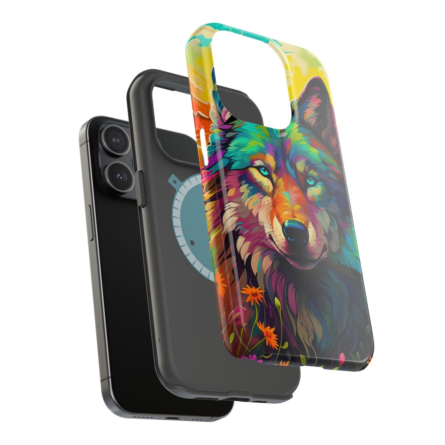 Rainbow Wolf in Bloom – MagSafe iPhone Case with Nature-Inspired Design