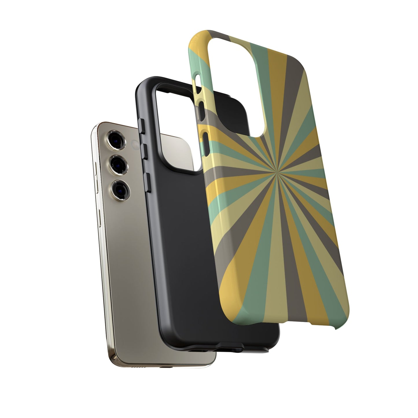 Vintage Sunburst Rays Samsung Galaxy Case – Bold 70s-Inspired Burst in Yellow, Mint, and Gray