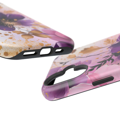 Elegant Purple & Gold Floral MagSafe iPhone Case - Luxe Flower Design