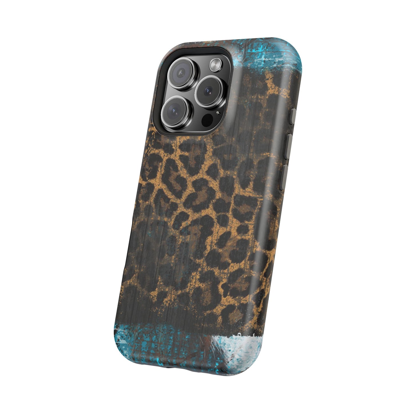 Boho Leopard and Turquoise Tough MagSafe iPhone Case – Rustic Western Design with Dual-Layer Protection