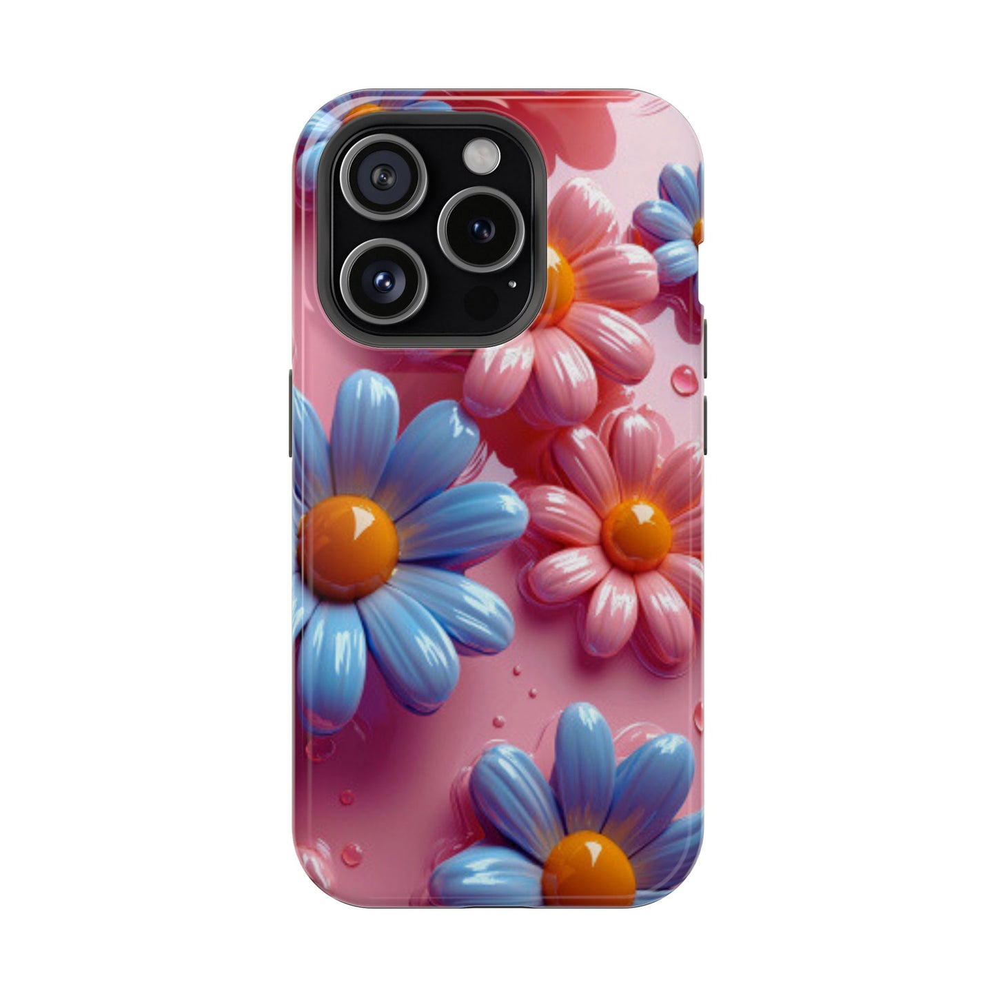 Pastel Daisy 3D MagSafe iPhone Case – Glossy Pink and Blue Floral Design, Full Protection