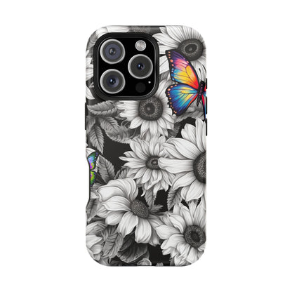 Rainbow Butterflies & Monochrome Sunflowers – MagSafe iPhone Case