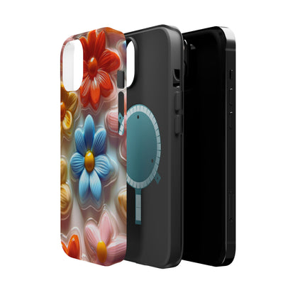 Glossy Retro Flower MagSafe iPhone Case – Colorful 3D Floral Design, Durable Protection