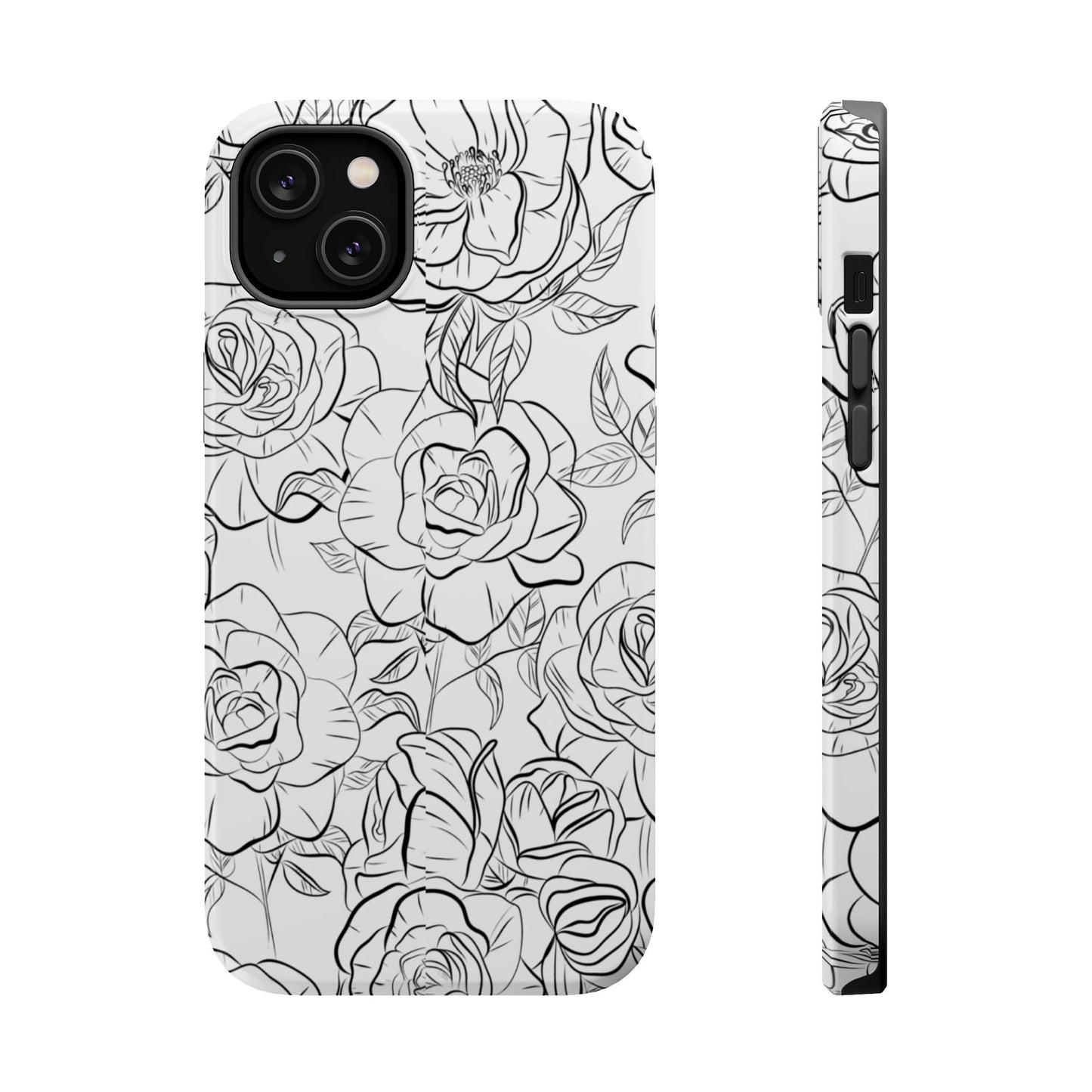 Monochrome Rose Garden Tough MagSafe iPhone Case – Elegant Floral Line Art with Dual-Layer Protection