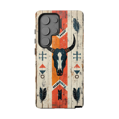 Rustic Western Bull Skull Tough Samsung Galaxy Case – Distressed Wood Design, Dual-Layer Protection