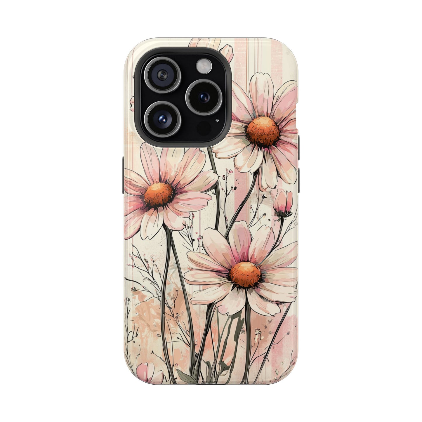 Pastel Pink Daisy MagSafe iPhone Case - Elegant Floral Plaid Protective Cover