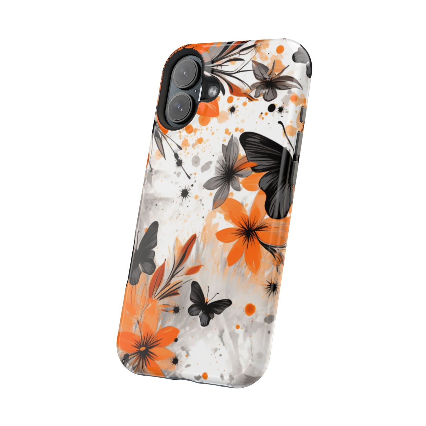 Orange Blossom & Black Butterfly MagSafe iPhone Case – Bold Floral Pattern with Modern Abstract Style