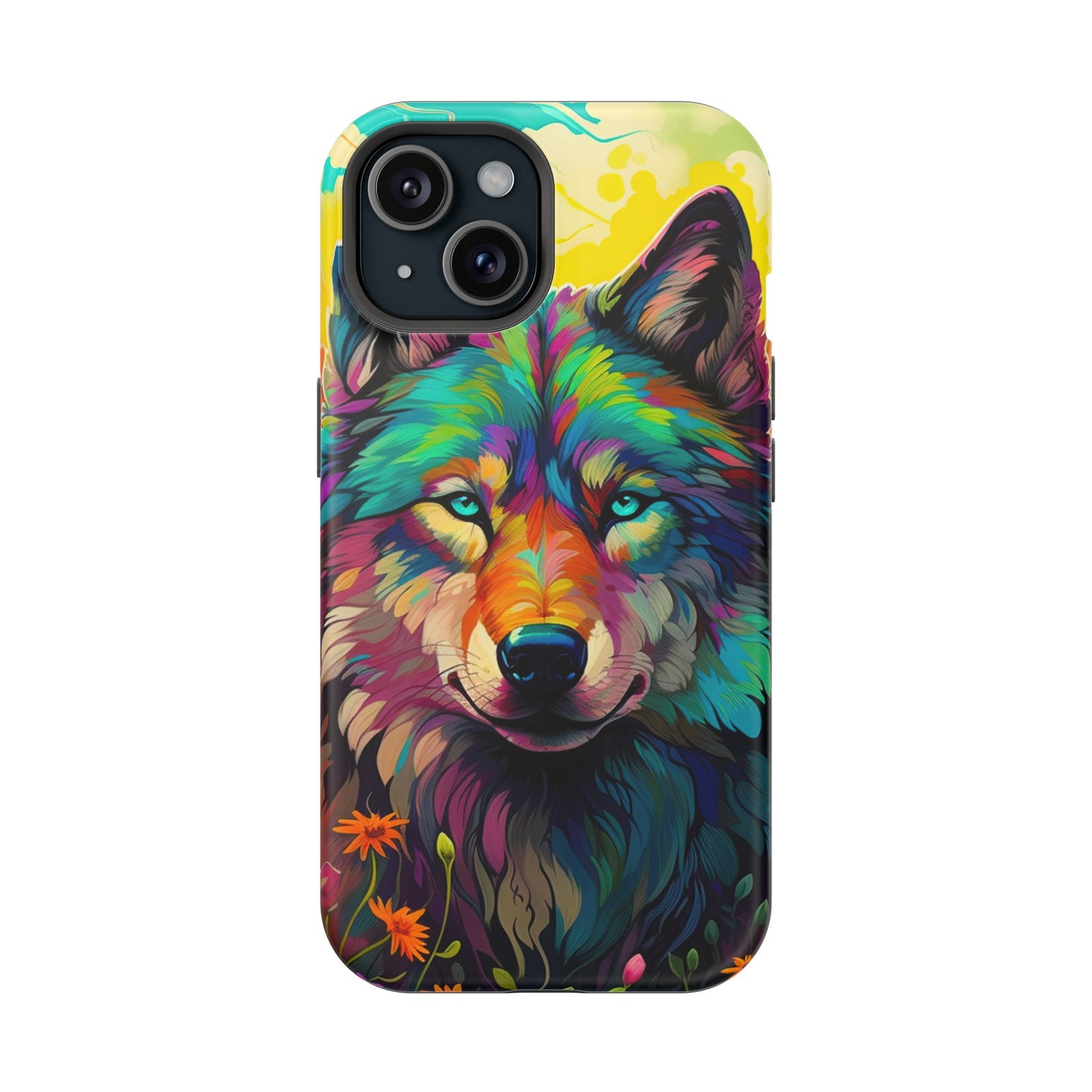 Rainbow Wolf in Bloom – MagSafe iPhone Case with Nature-Inspired Design