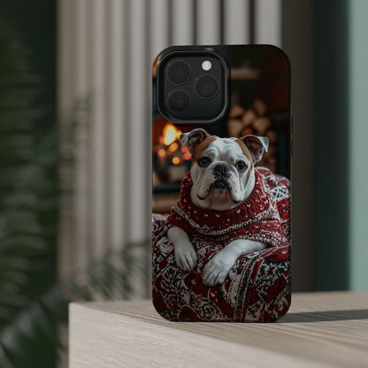 Cozy Bulldog in Sweater MagSafe iPhone Case – Festive Fireplace Protective Cover